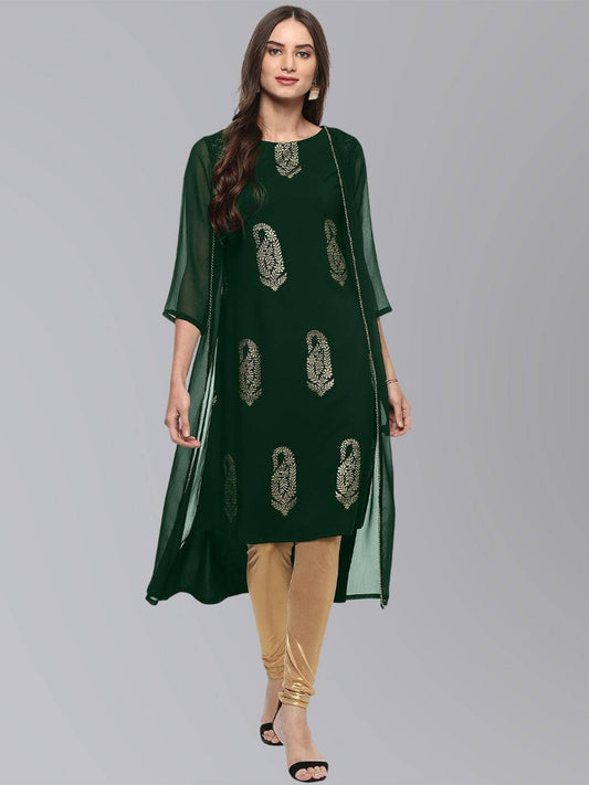 Bottle Green Crepe Foil Print A-Line Kurta