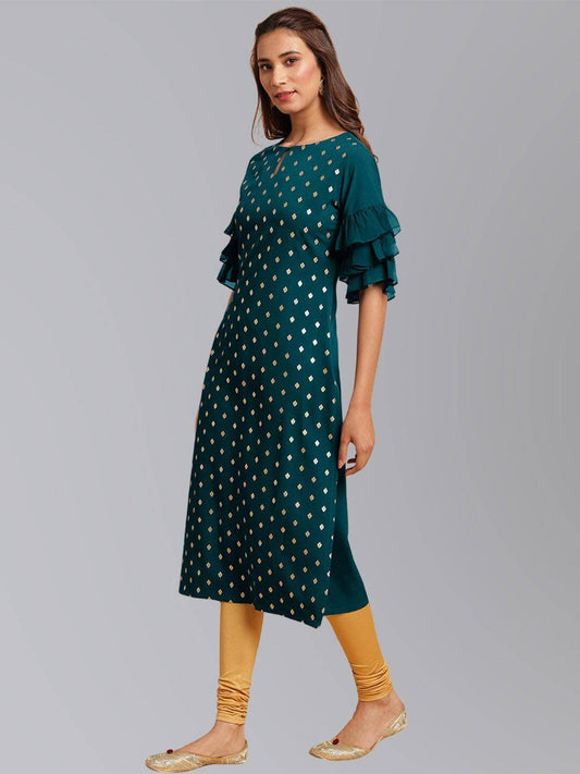 Peacock Green Crepe Foil Print Straight Kurta