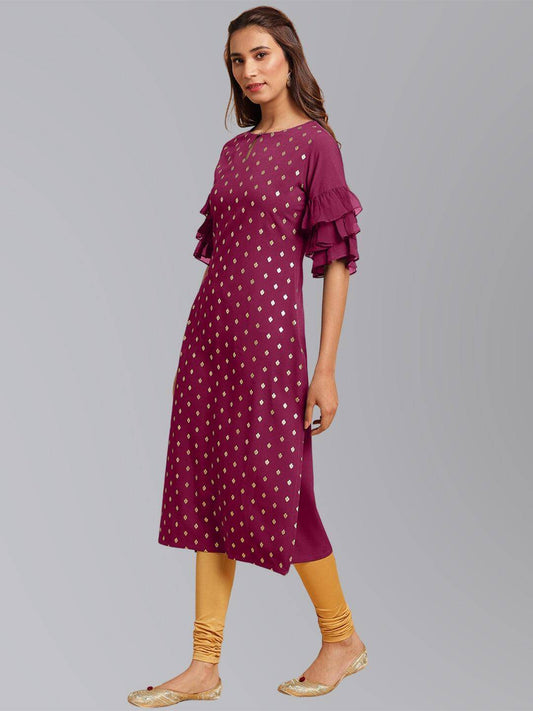 Magenta Crepe Foil Print Straight Kurta