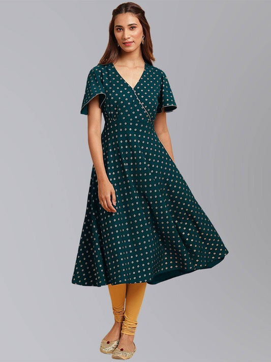 Peacock Green Crepe Foil Print Flared Kurta