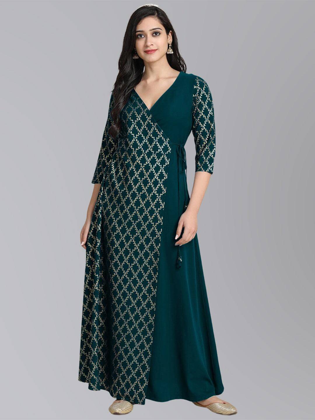 Peacock Green Crepe Foil Print Angarkha Kurta