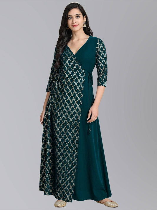 Peacock Green Crepe Foil Print Angarkha Kurta