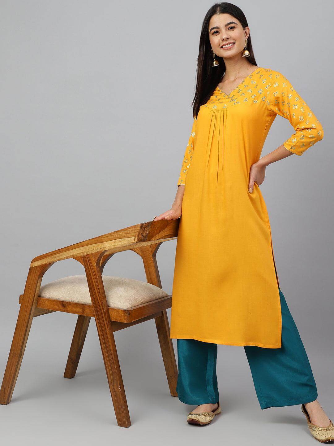 Orange Rayon Gold Floral Print Angarkha Kurta