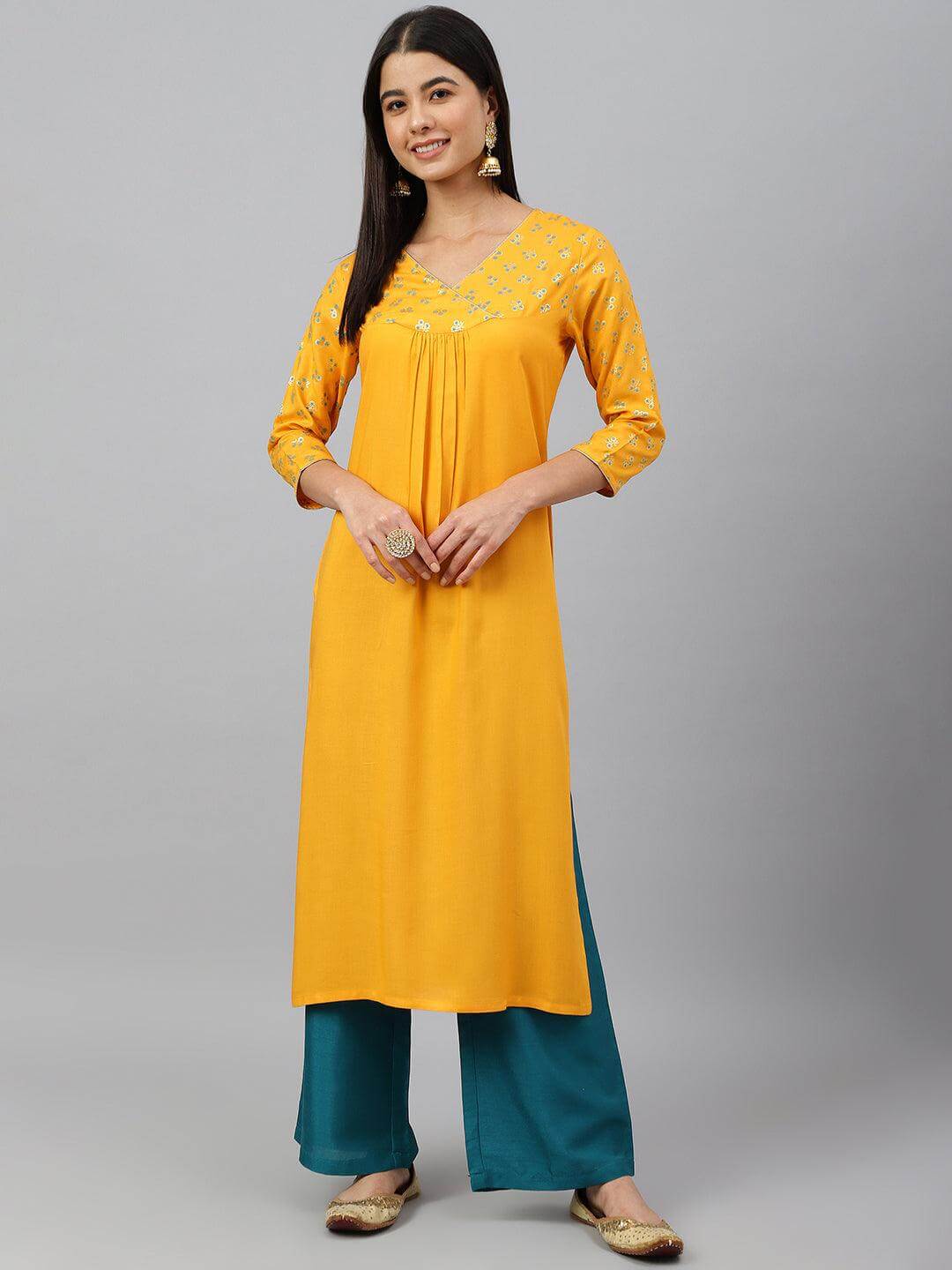 Orange Rayon Gold Floral Print Angarkha Kurta