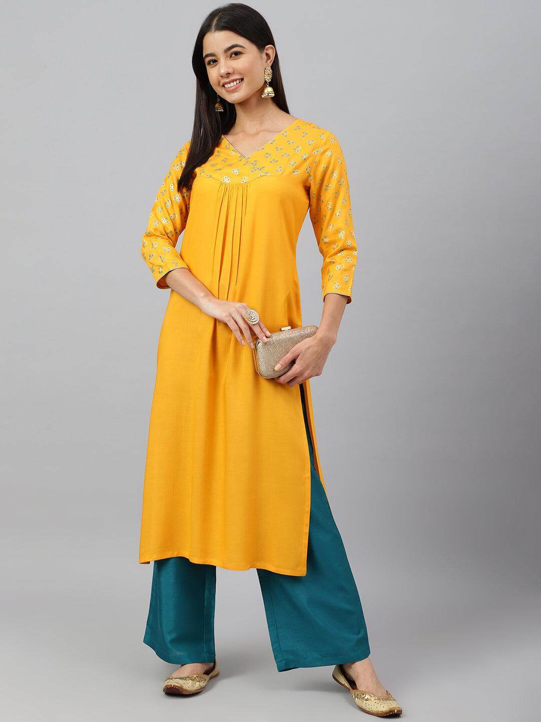 Orange Rayon Gold Floral Print Angarkha Kurta