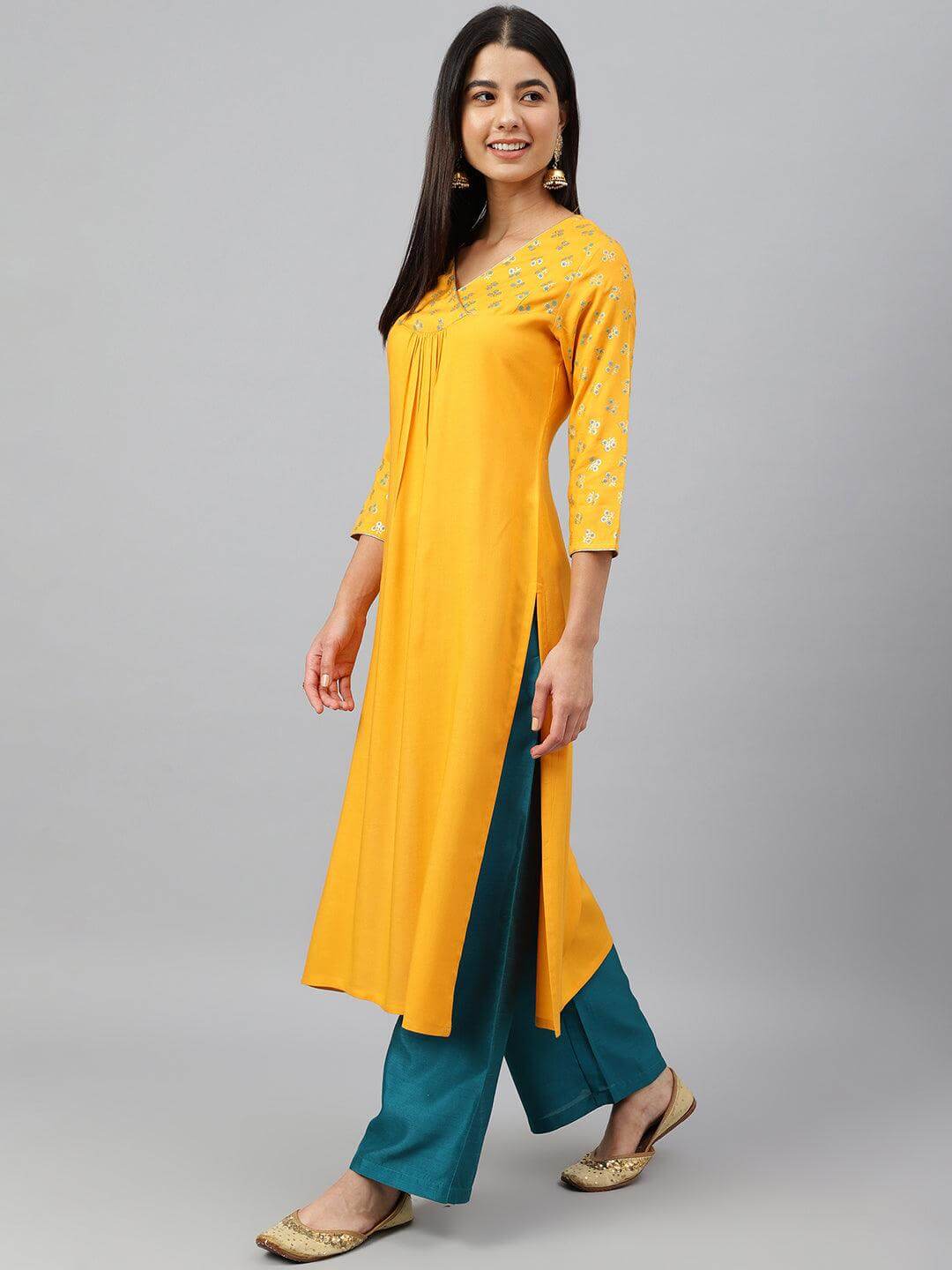 Orange Rayon Gold Floral Print Angarkha Kurta