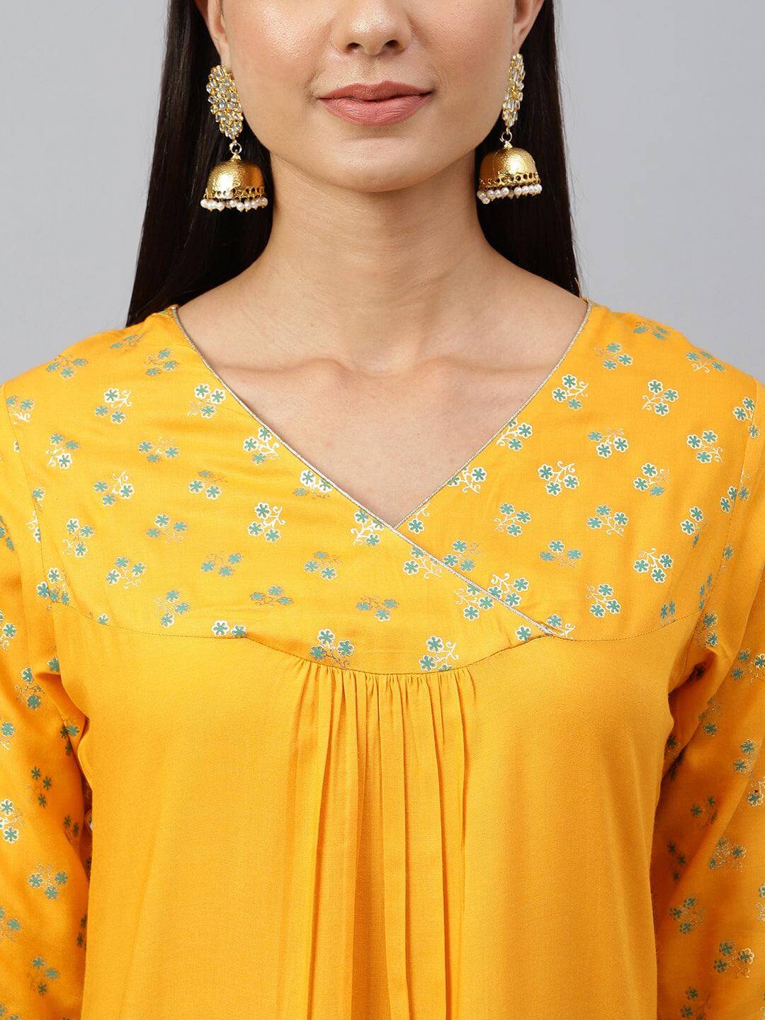 Orange Rayon Gold Floral Print Angarkha Kurta