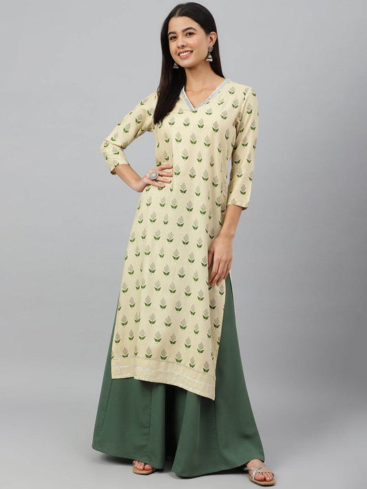 Beige Rayon Botanical Print Straight Kurta