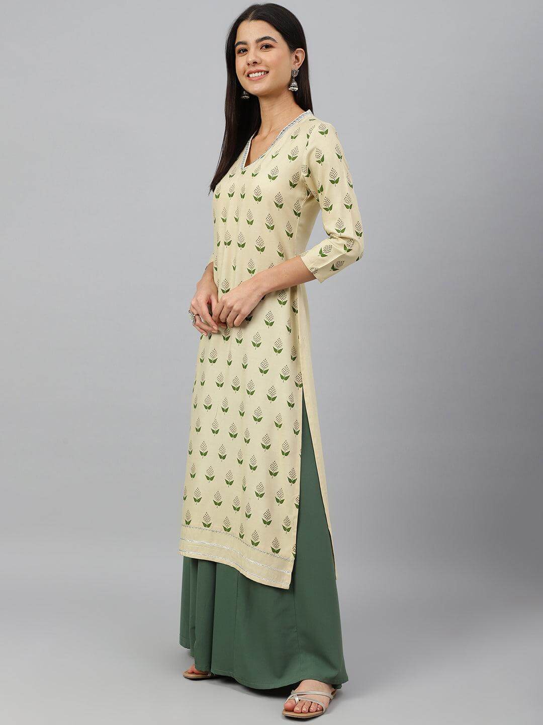 Beige Rayon Botanical Print Straight Kurta