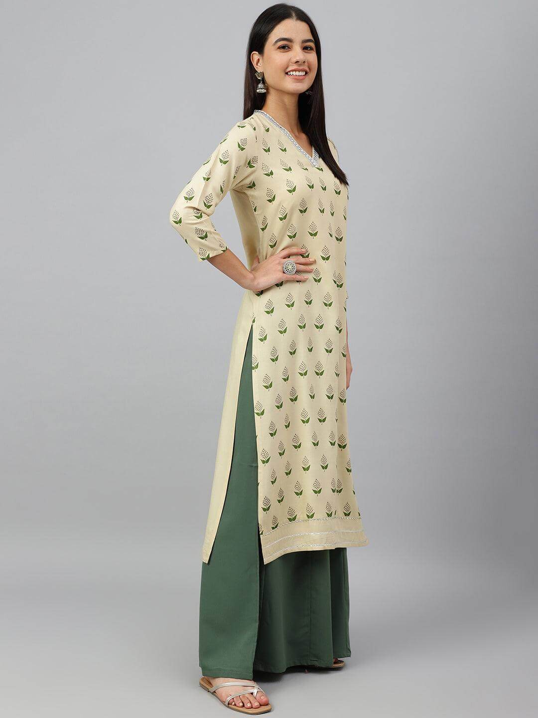 Beige Rayon Botanical Print Straight Kurta