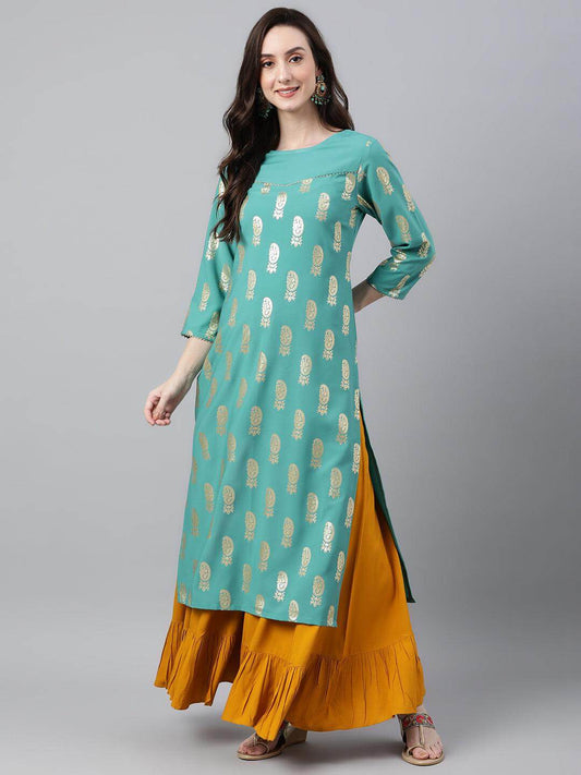 Sea Green Crepe Floral Foil Print Straight Kurta