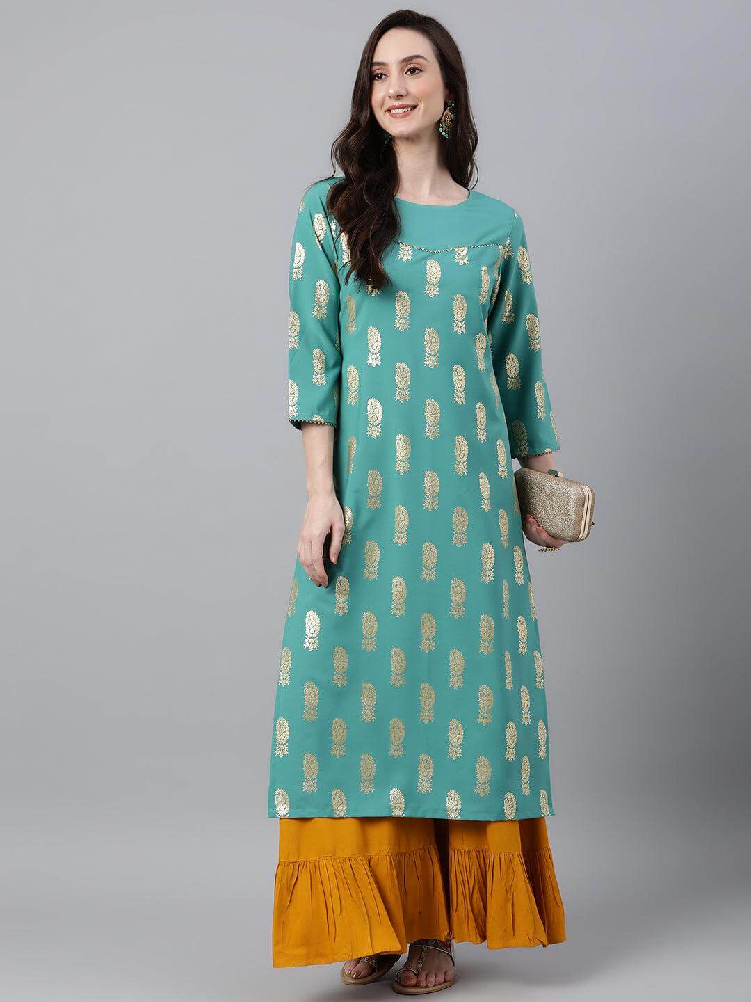 Sea Green Crepe Floral Foil Print Straight Kurta