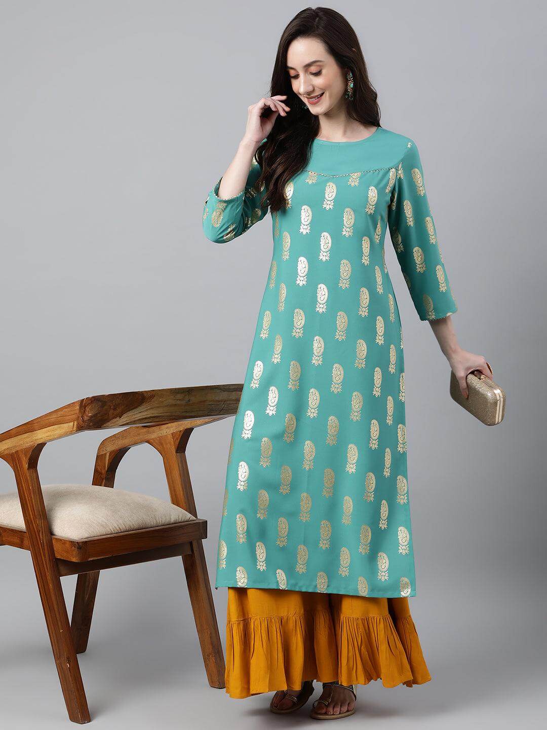 Sea Green Crepe Floral Foil Print Straight Kurta