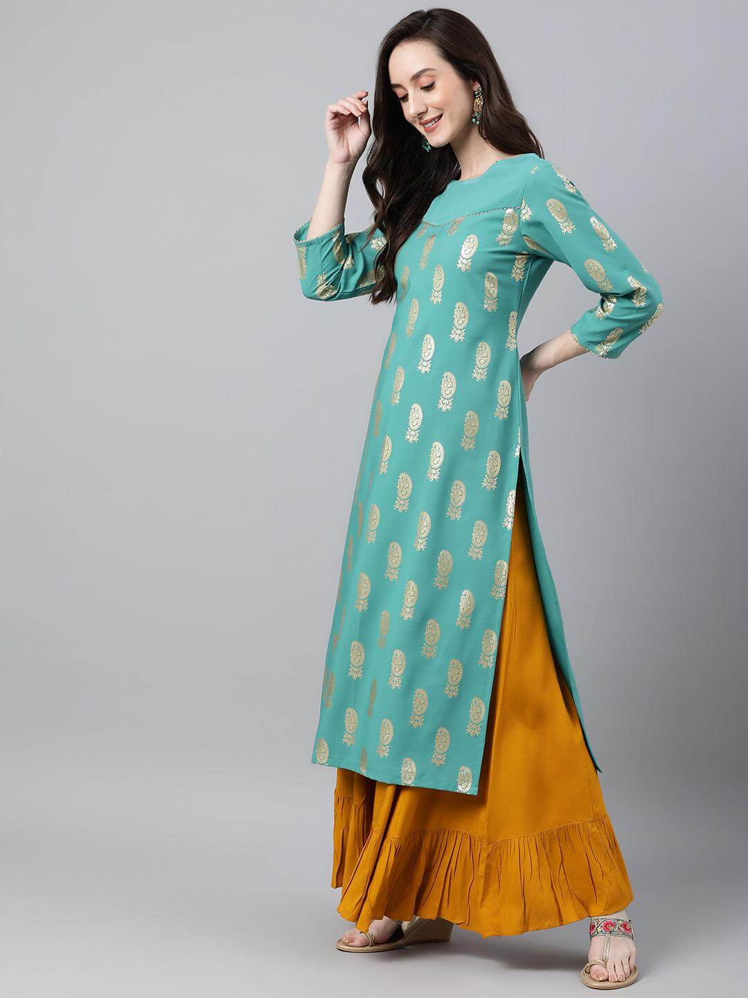 Sea Green Crepe Floral Foil Print Straight Kurta