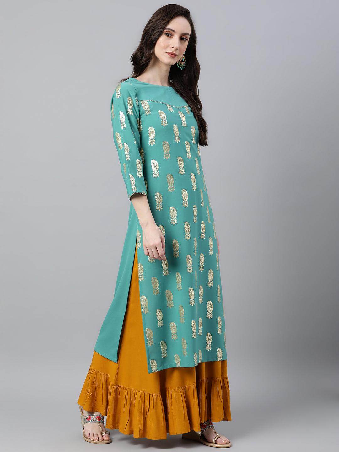 Sea Green Crepe Floral Foil Print Straight Kurta