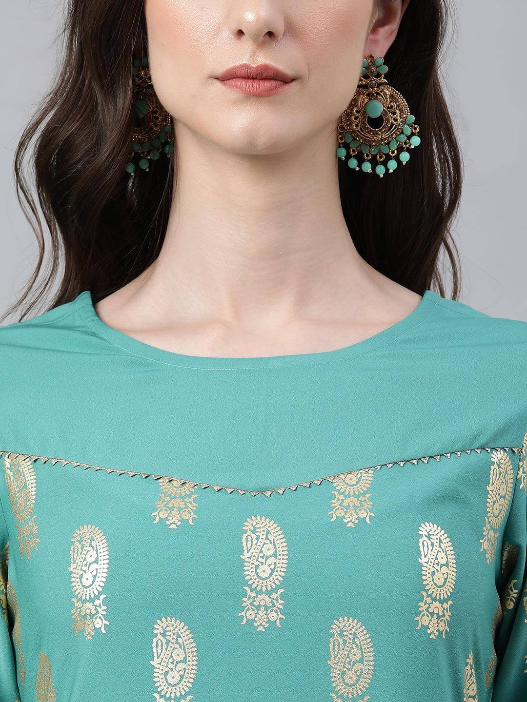 Sea Green Crepe Floral Foil Print Straight Kurta