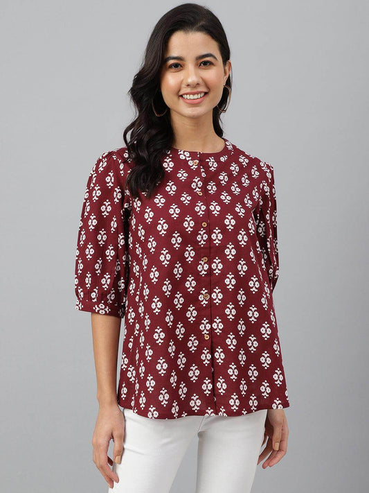 Wine Cotton Ethnic Motifs A-line Top