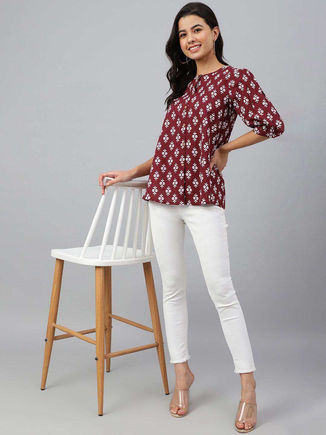 Wine Cotton Ethnic Motifs A-line Top