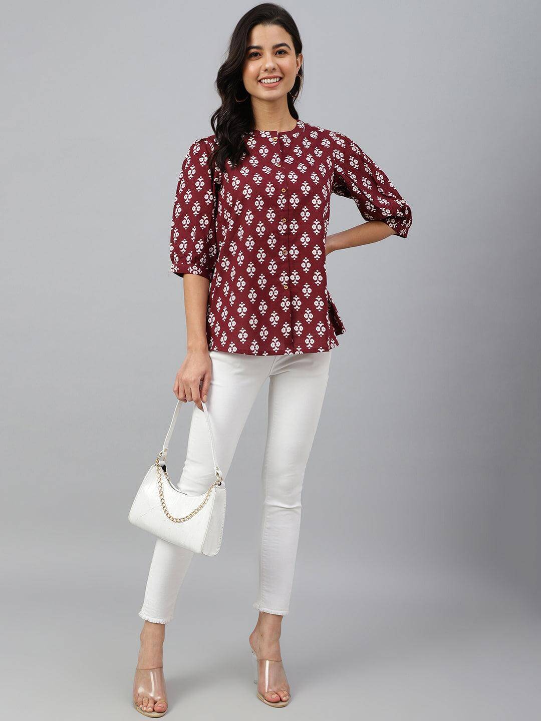 Wine Cotton Ethnic Motifs A-line Top