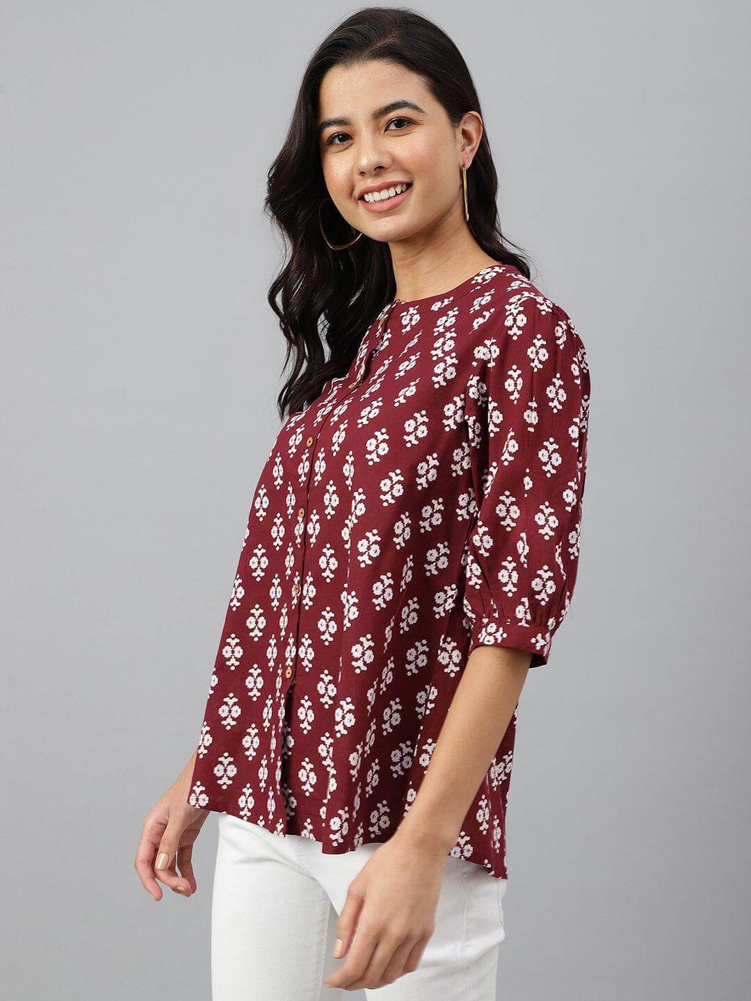 Wine Cotton Ethnic Motifs A-line Top