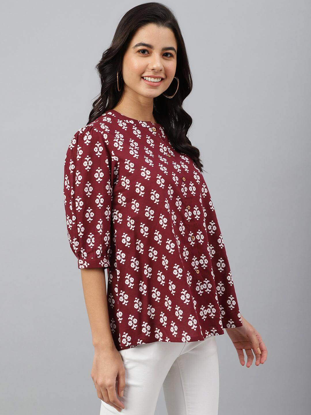 Wine Cotton Ethnic Motifs A-line Top