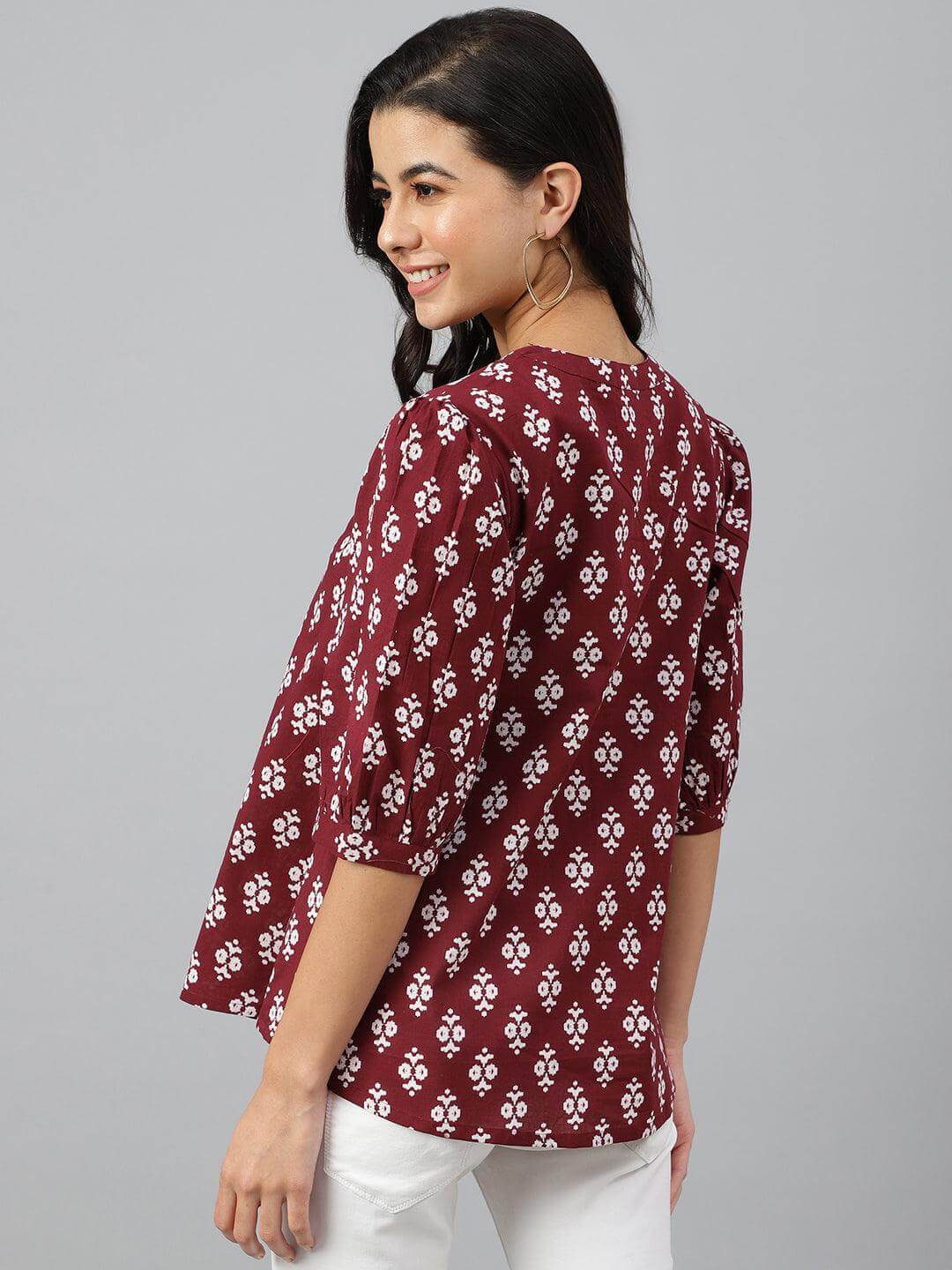 Wine Cotton Ethnic Motifs A-line Top