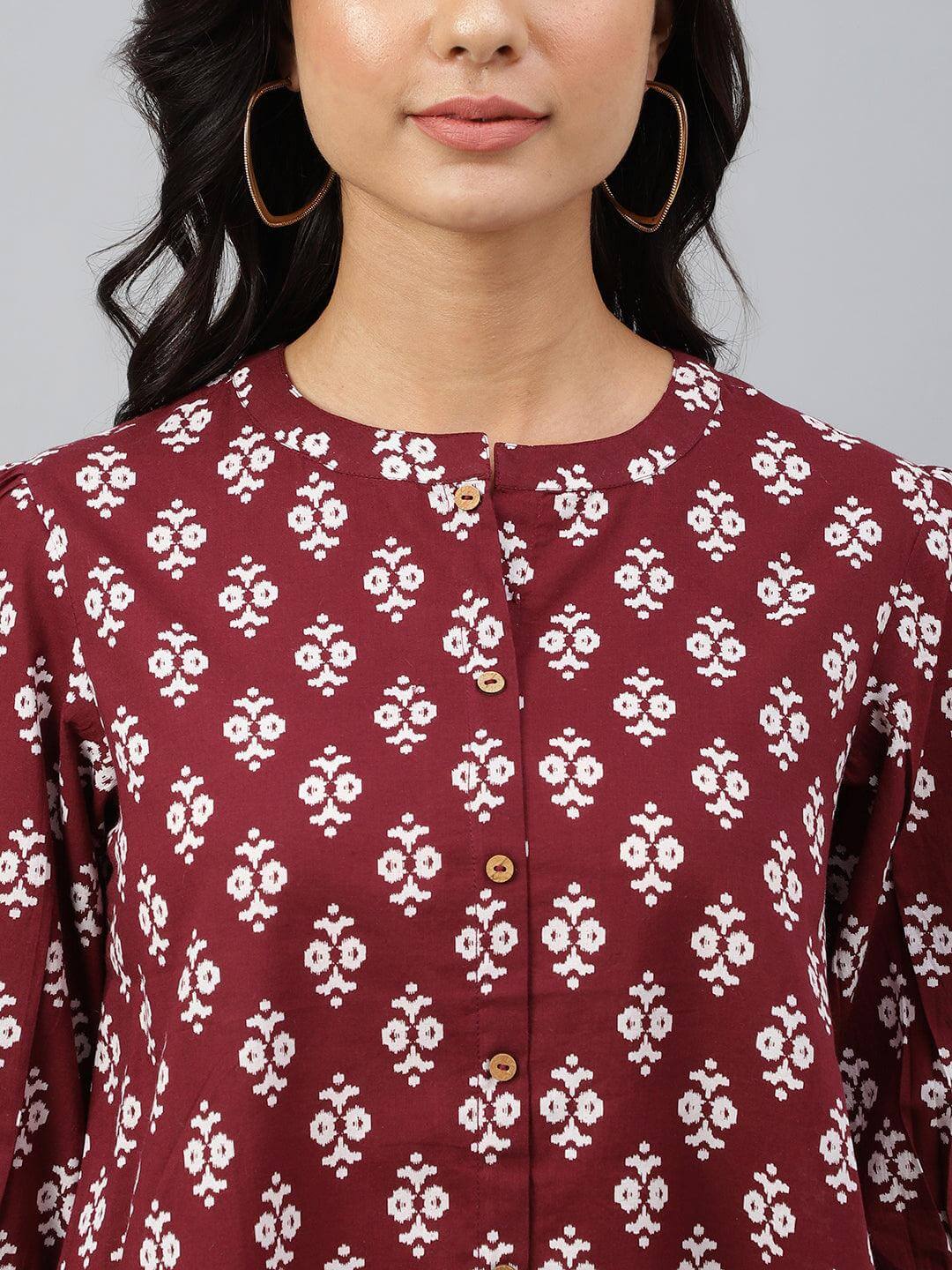 Wine Cotton Ethnic Motifs A-line Top