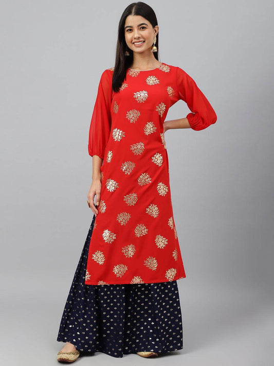 Red Crepe Floral Foil Print Straight Kurta