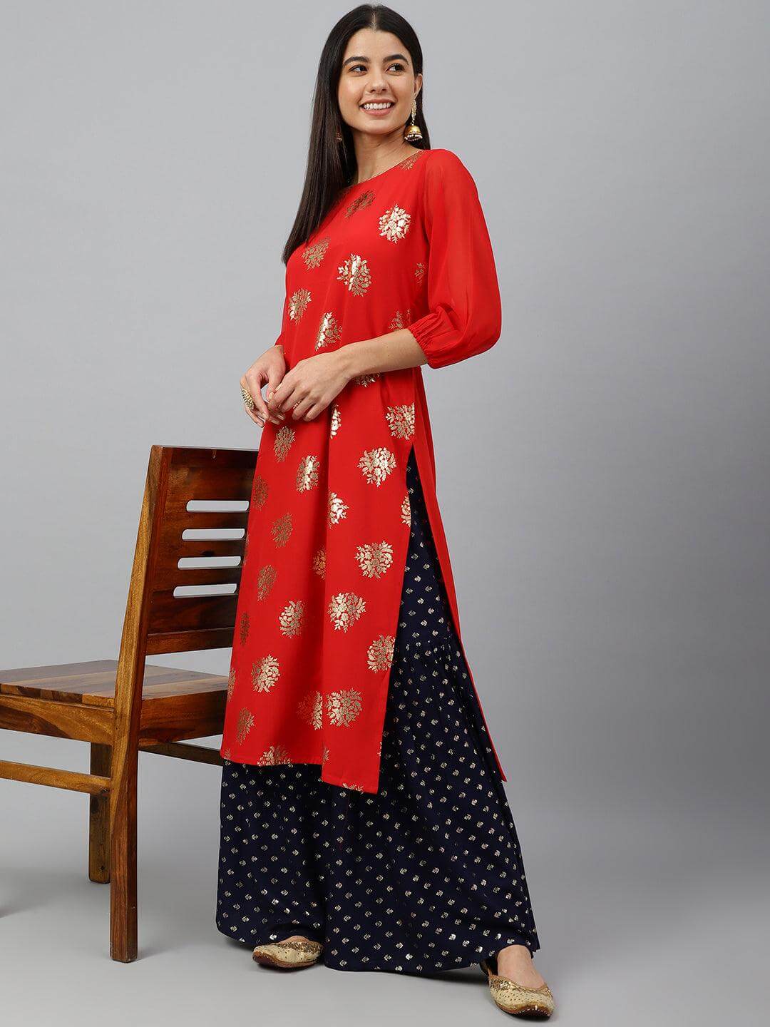 Red Crepe Floral Foil Print Straight Kurta