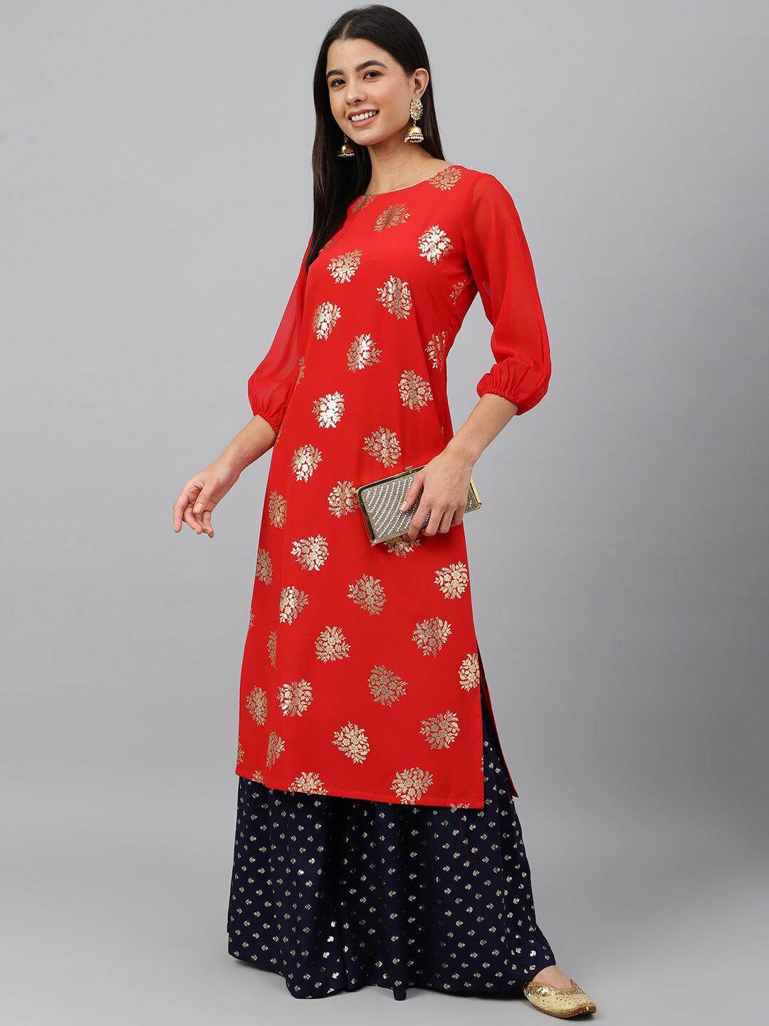 Red Crepe Floral Foil Print Straight Kurta