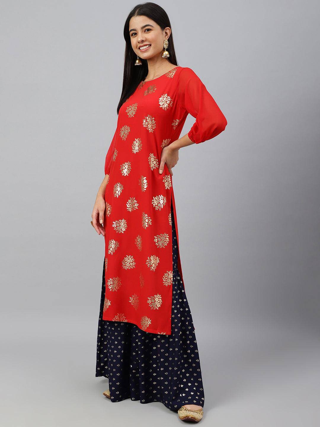 Red Crepe Floral Foil Print Straight Kurta