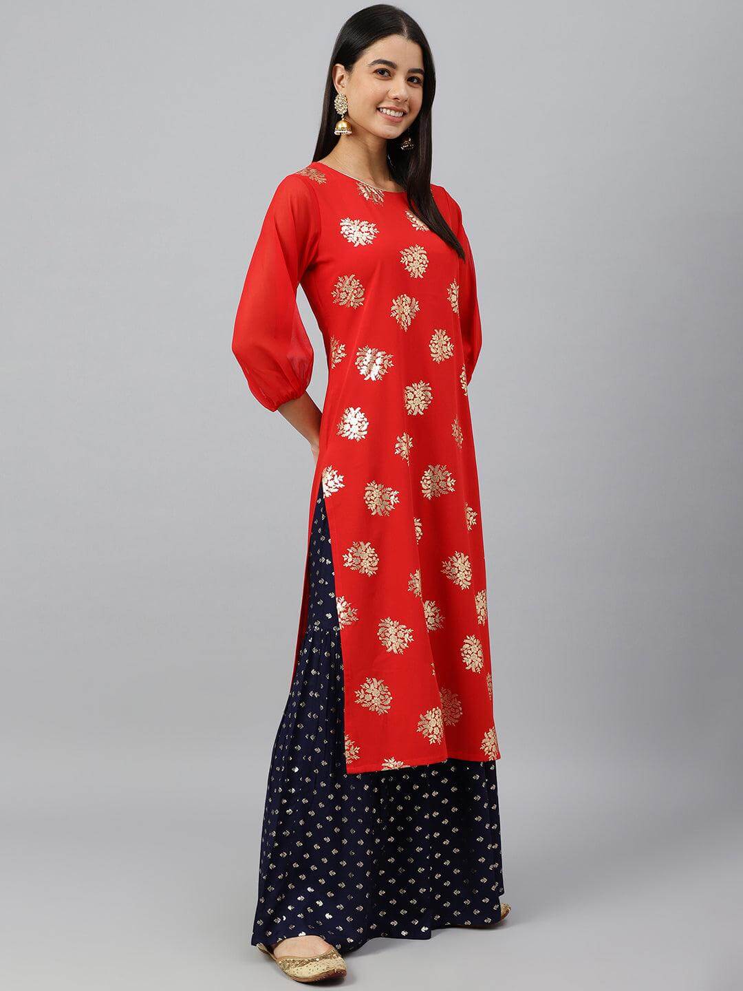 Red Crepe Floral Foil Print Straight Kurta