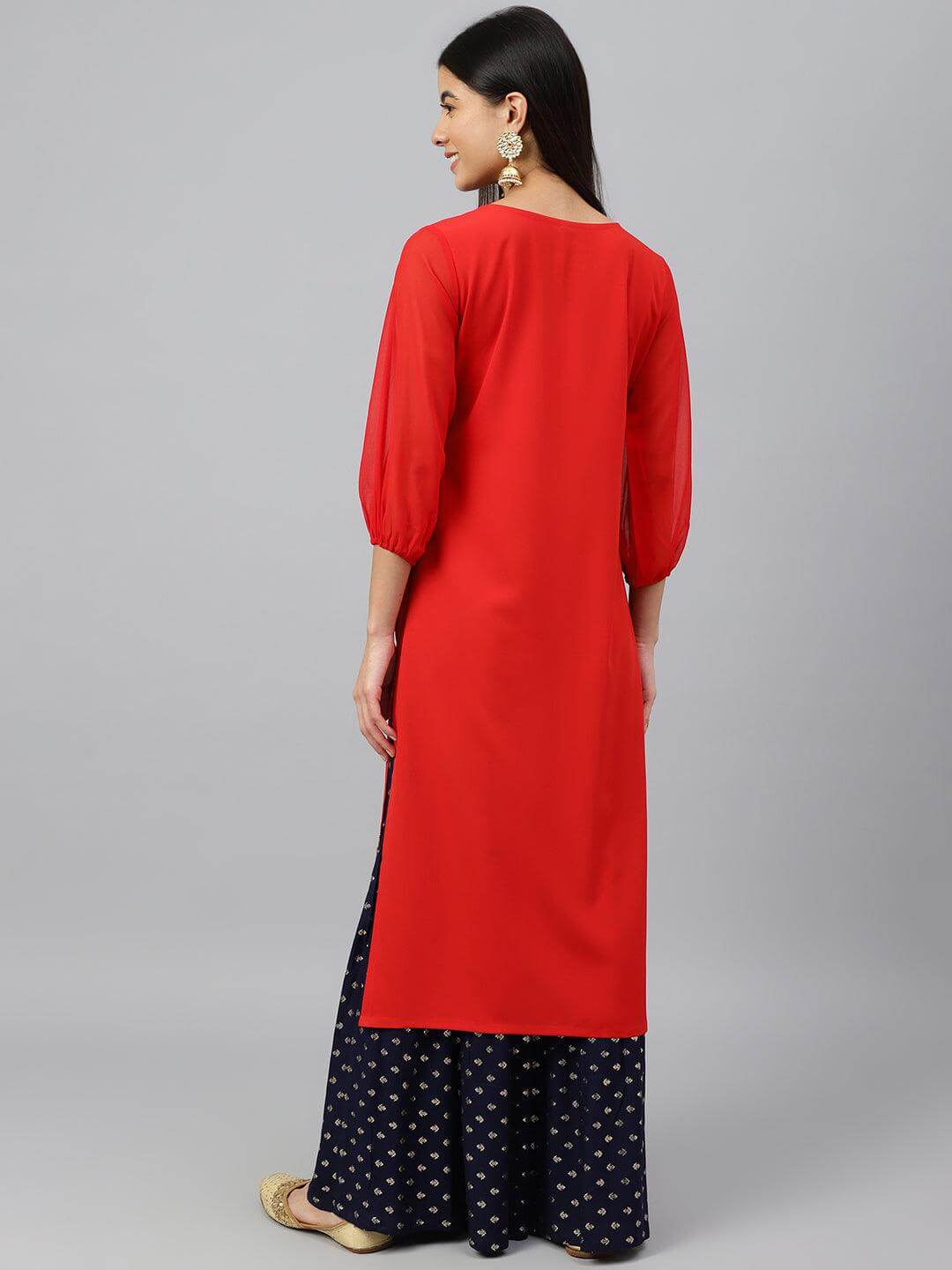 Red Crepe Floral Foil Print Straight Kurta