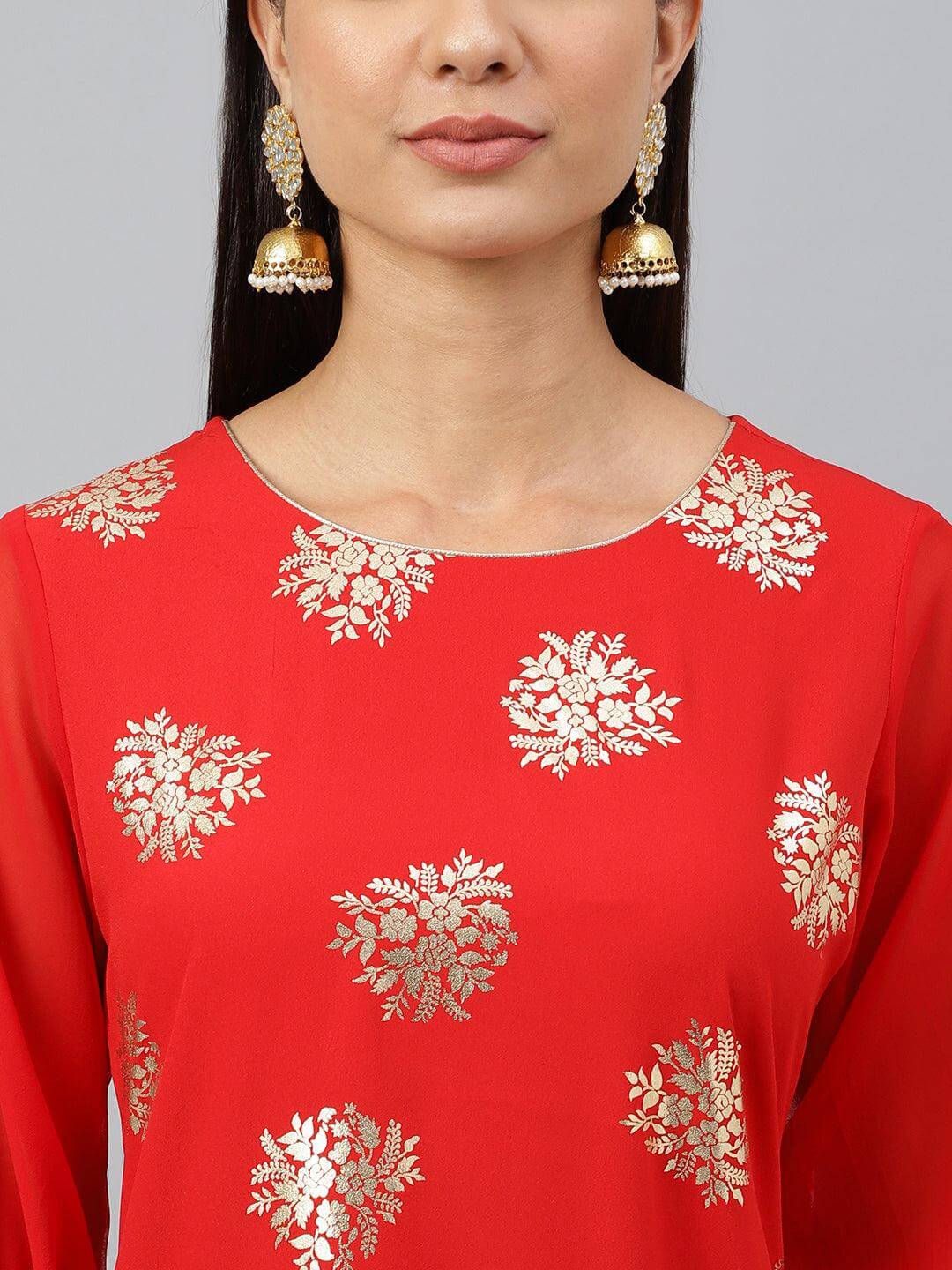 Red Crepe Floral Foil Print Straight Kurta
