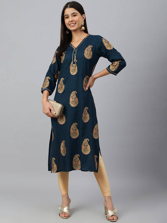 Teal Blue Rayon Paisley Foil Print Straight Kurta