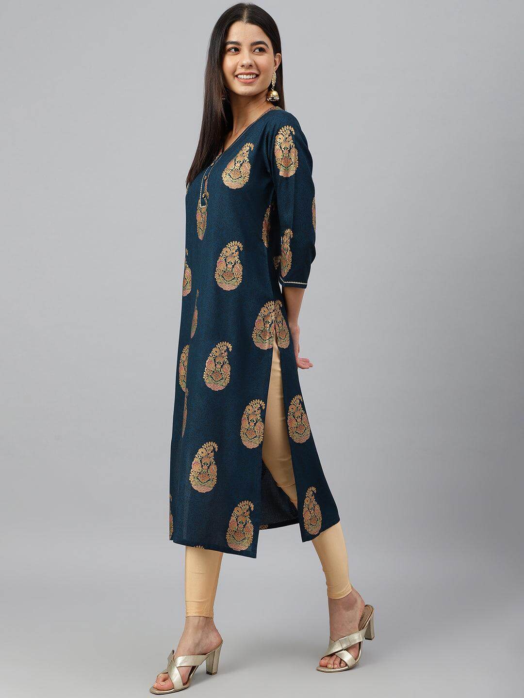 Teal Blue Rayon Paisley Foil Print Straight Kurta