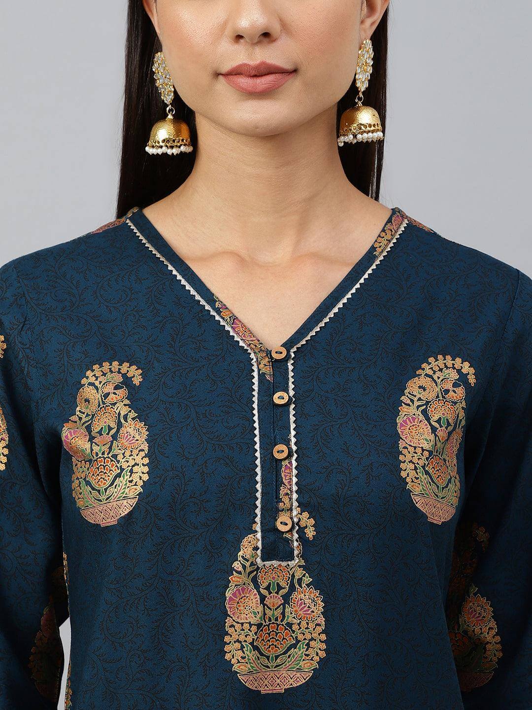 Teal Blue Rayon Paisley Foil Print Straight Kurta