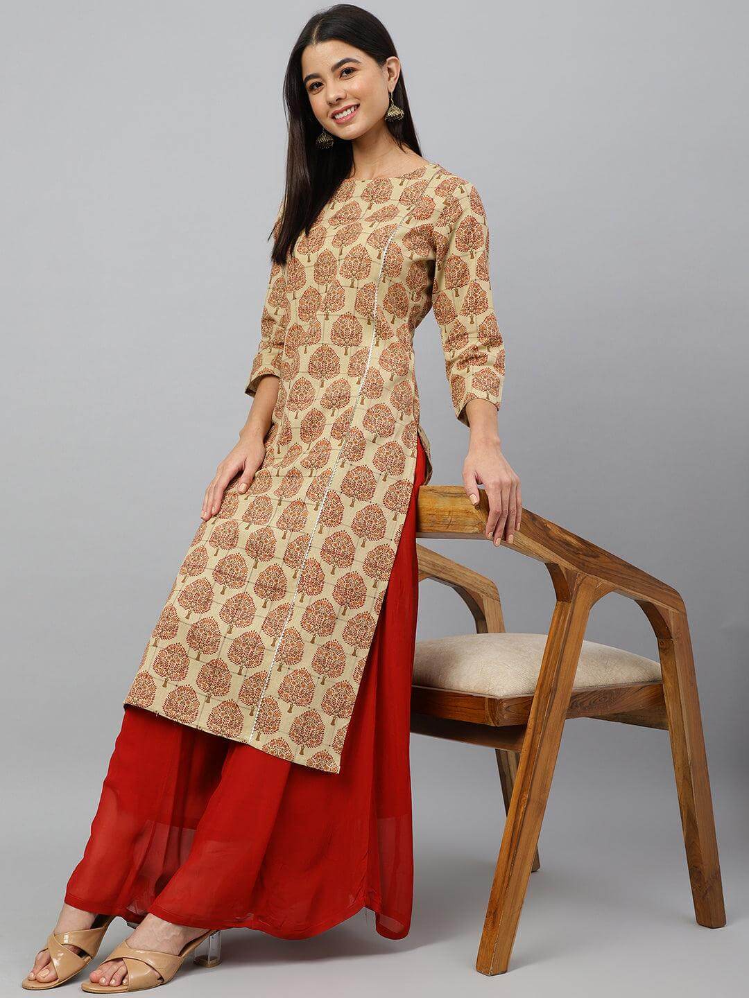 Beige Cotton Ethnic motifs Straight Kurta
