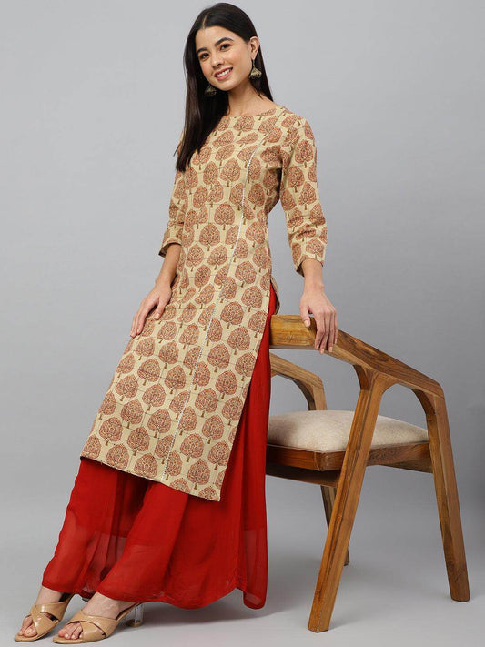 Beige Cotton Ethnic motifs Straight Kurta