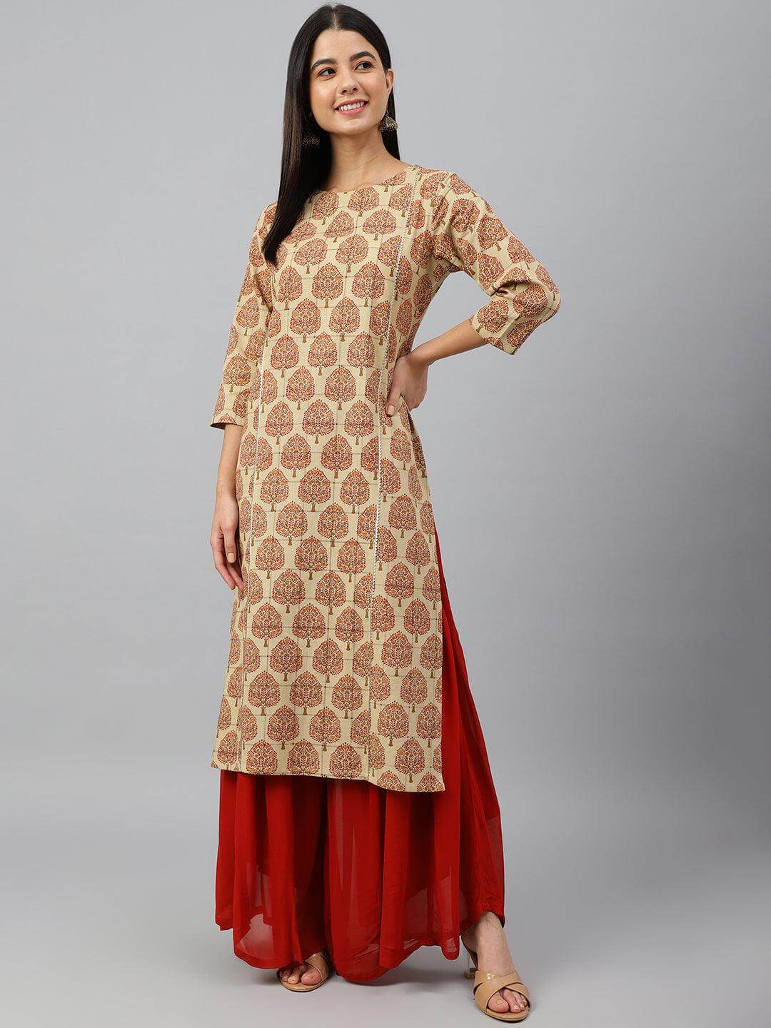 Beige Cotton Ethnic motifs Straight Kurta