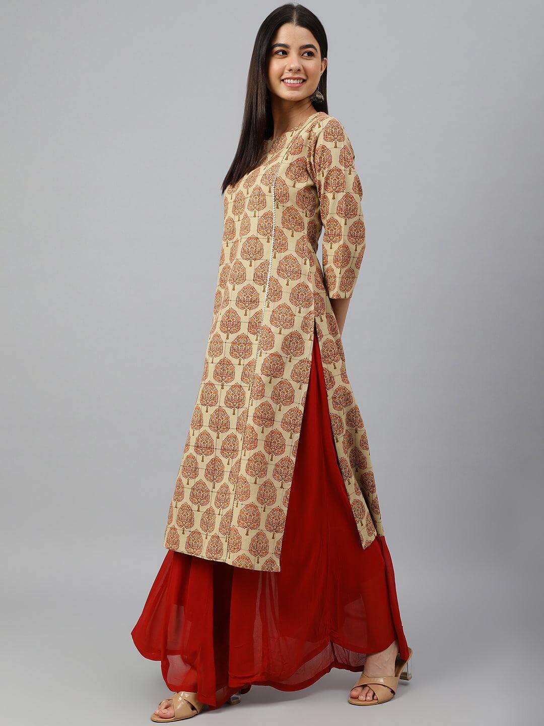 Beige Cotton Ethnic motifs Straight Kurta