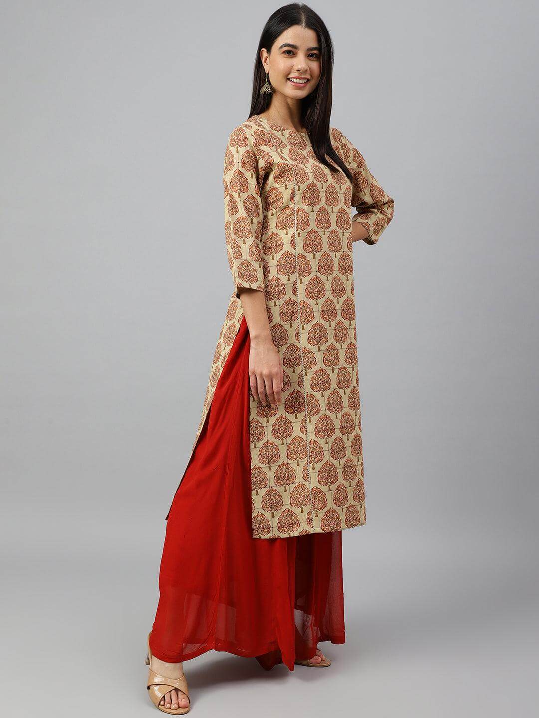 Beige Cotton Ethnic motifs Straight Kurta