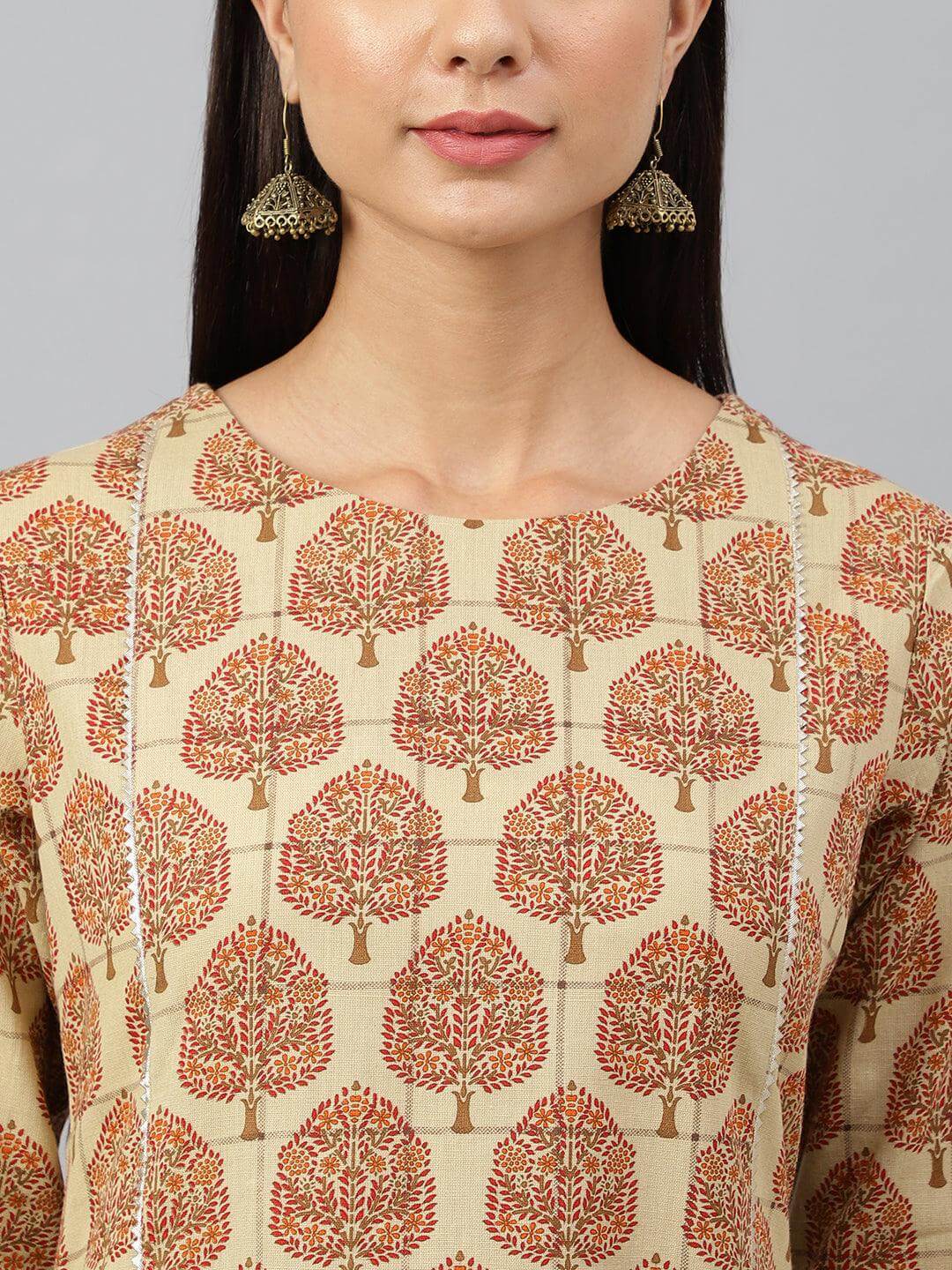 Beige Cotton Ethnic motifs Straight Kurta