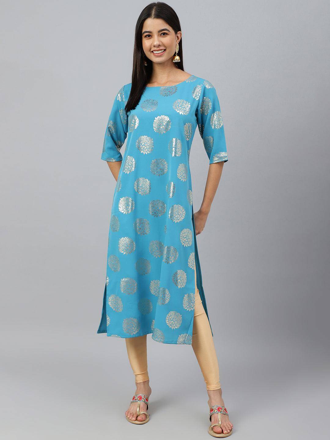 Sky Blue Crepe Foil Print Straight Kurta