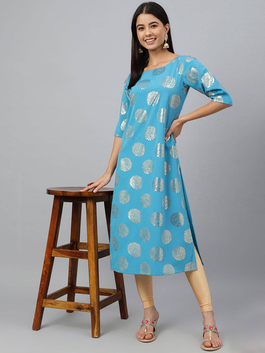 Sky Blue Crepe Foil Print Straight Kurta