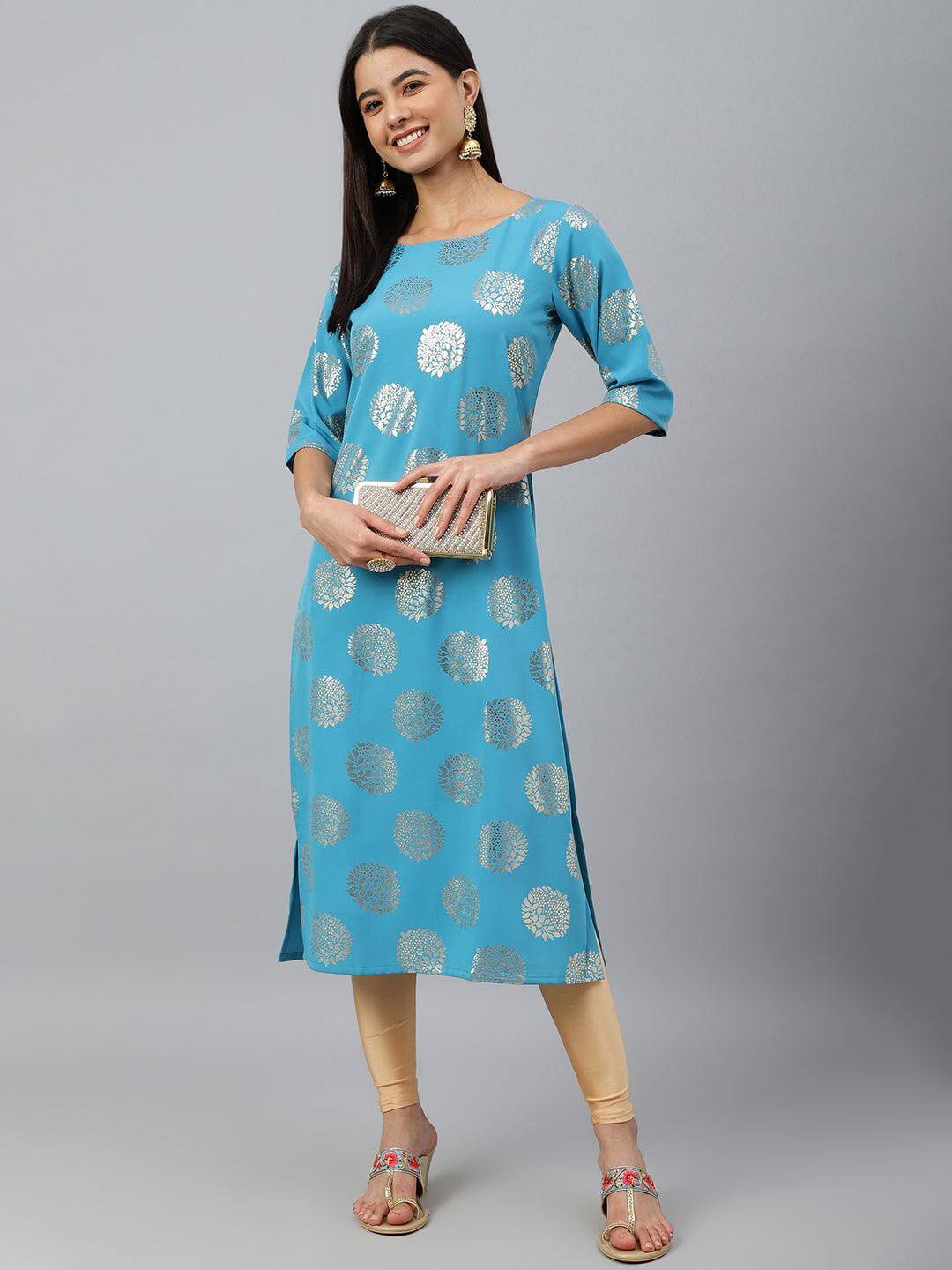 Sky Blue Crepe Foil Print Straight Kurta