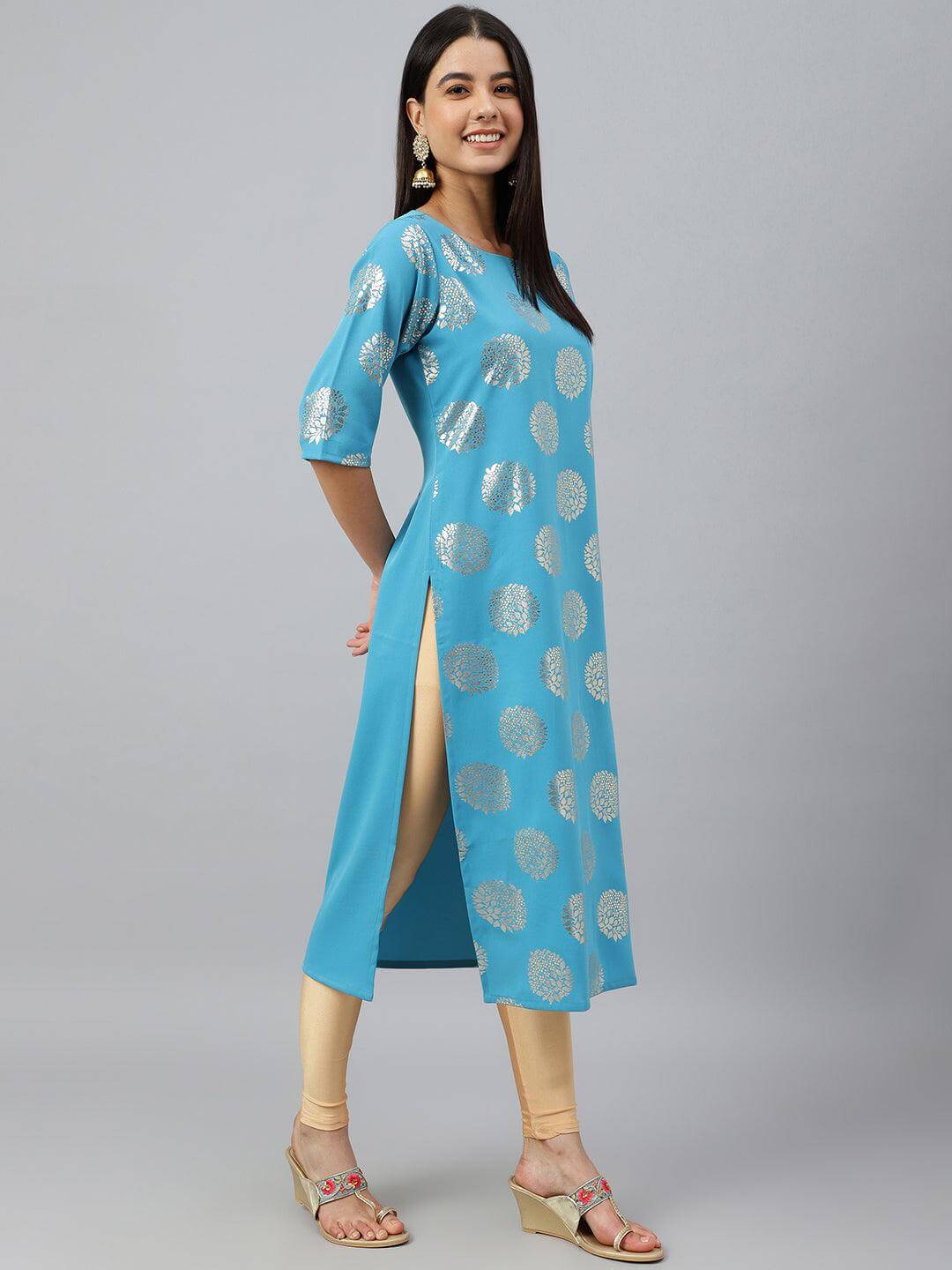 Sky Blue Crepe Foil Print Straight Kurta