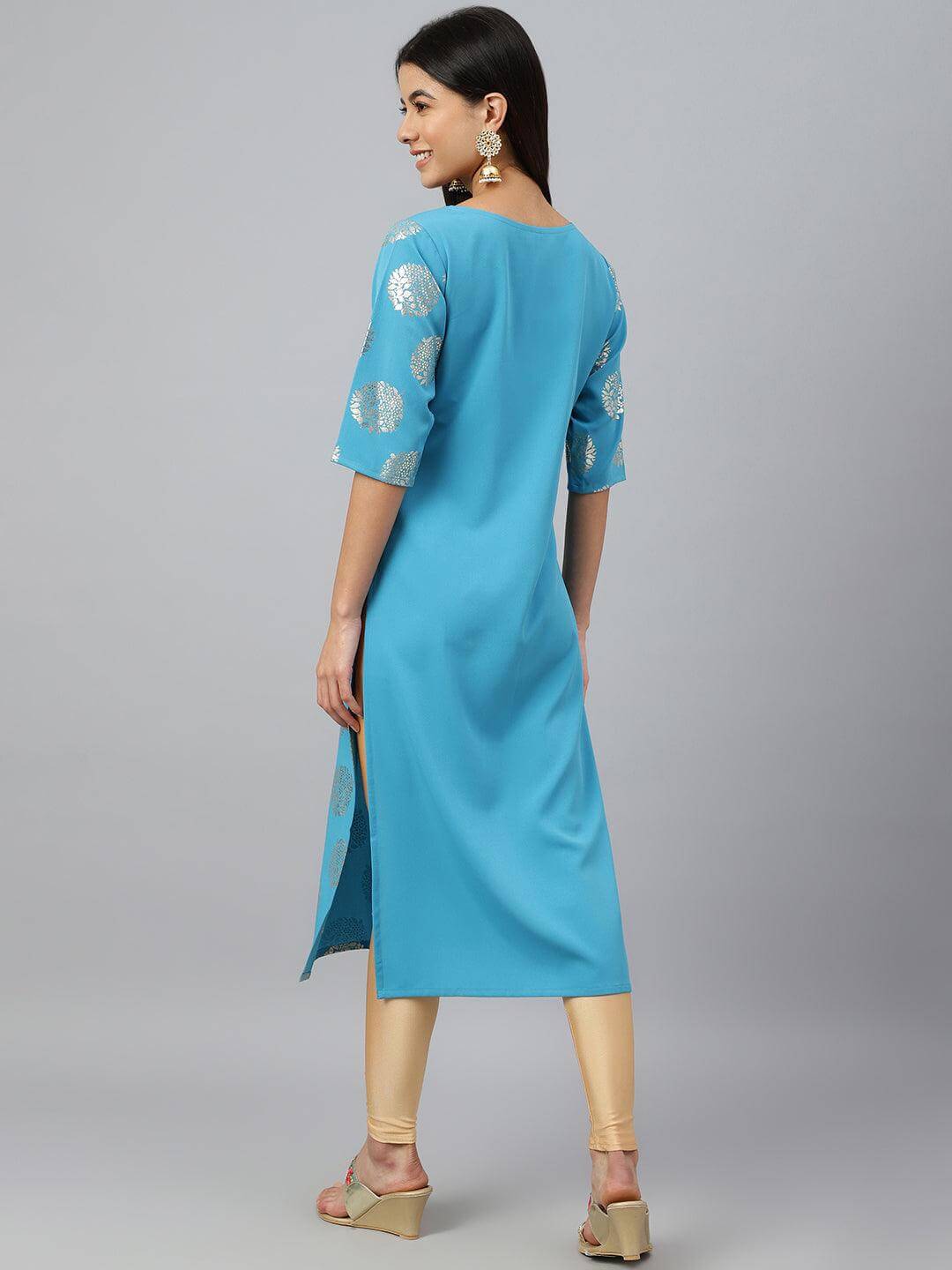 Sky Blue Crepe Foil Print Straight Kurta