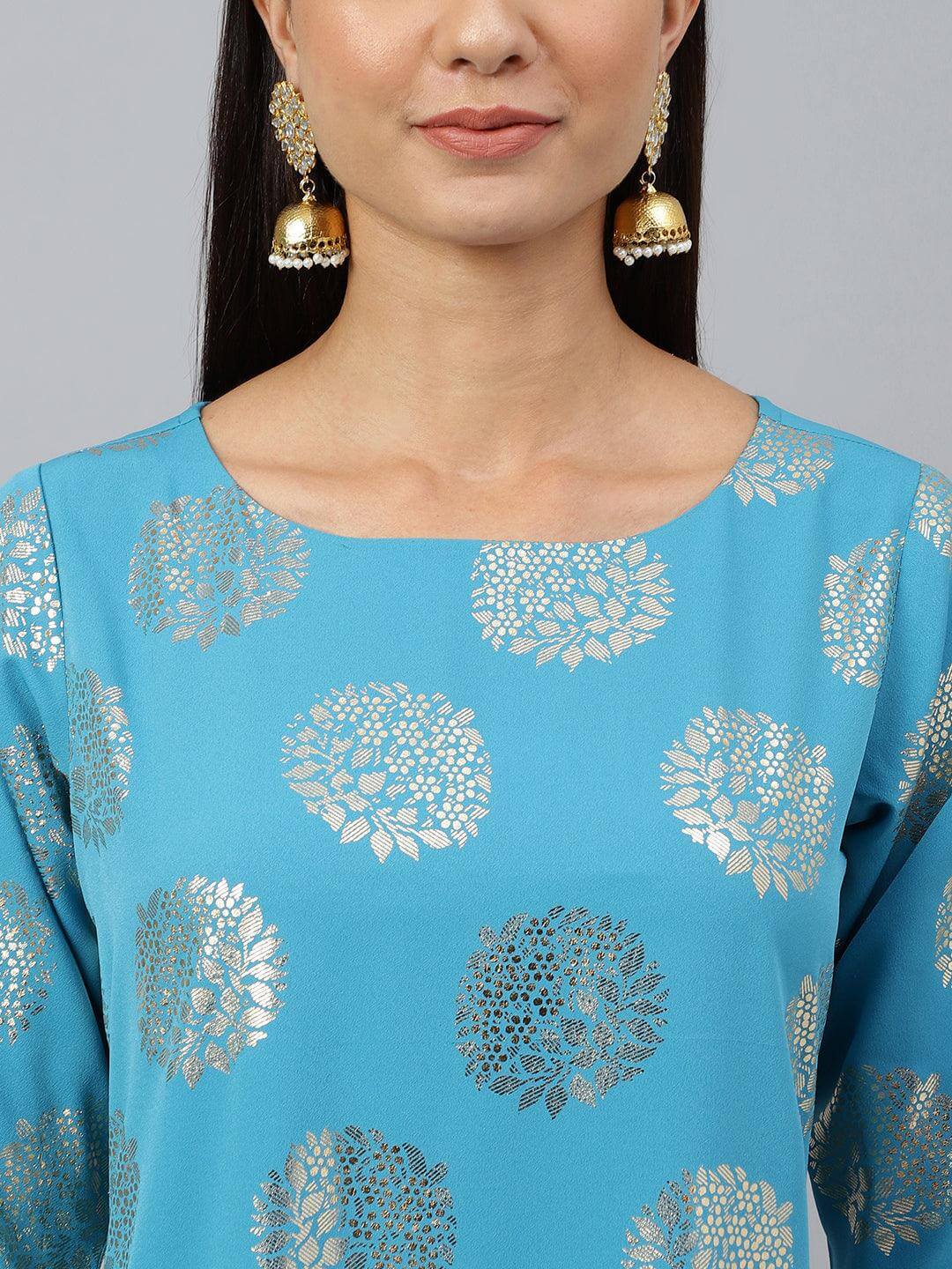 Sky Blue Crepe Foil Print Straight Kurta