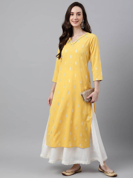 Mustard Crepe Foil Print Straight Kurta